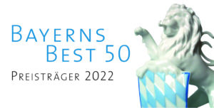 Logo Wirtschaftspreis "Bayerns Best 50" mit einem weißen Löwen und bayerischen Wappen