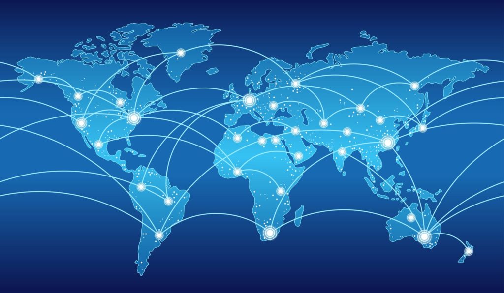 World map with networks in blue