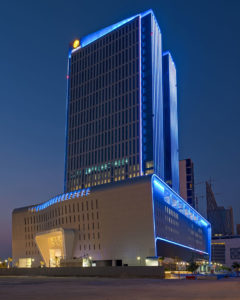 Skyscraper with blue LED's in the dark