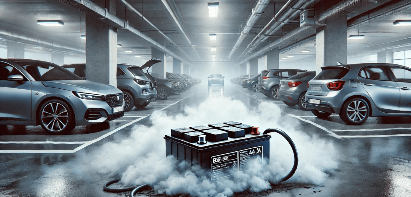A smoking car battery in a garage building.
