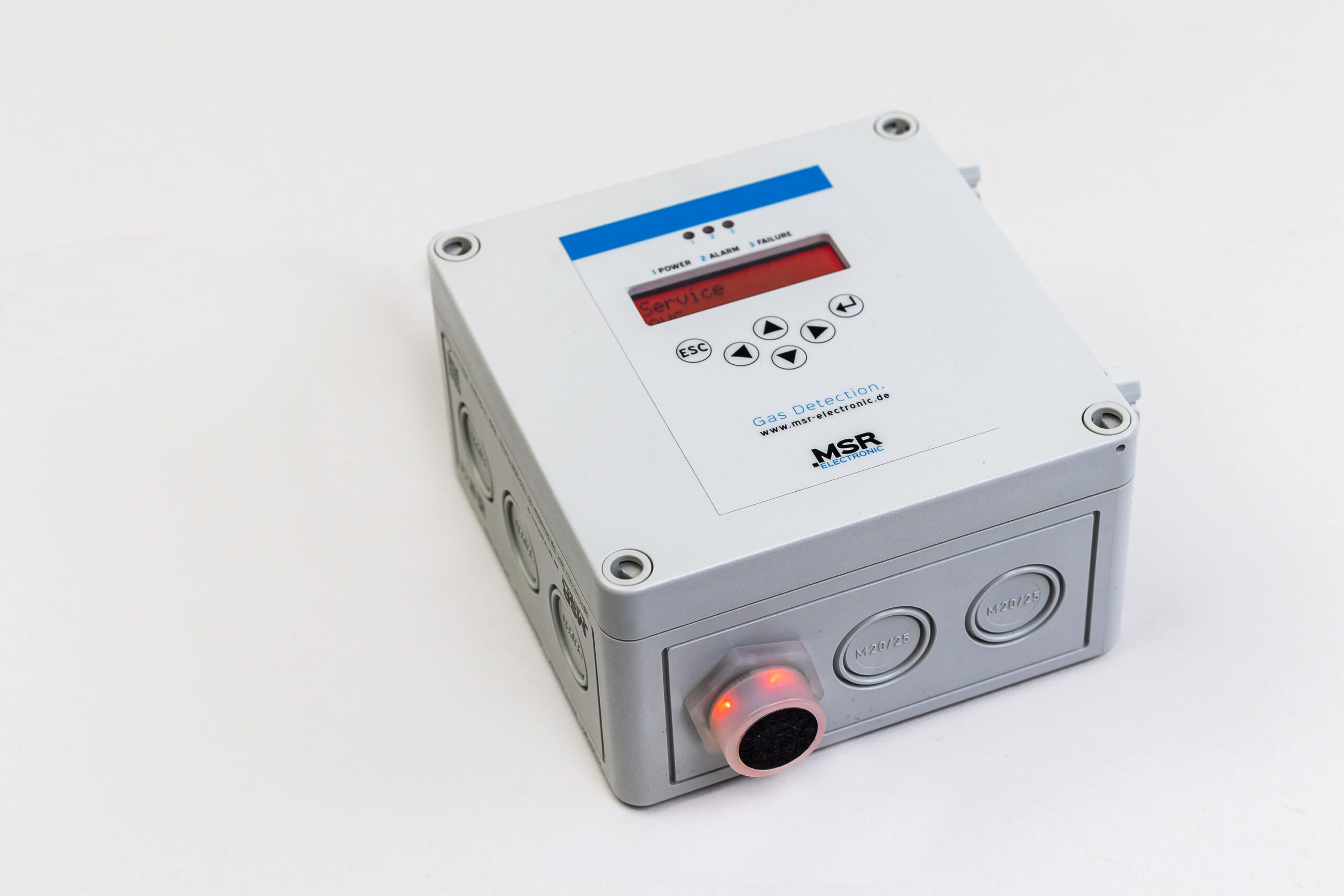 Our multi-sensor controller (MSC2) in active mode. The display lights up red, as does the WAO. The WAO is a status LED with a warning buzzer.